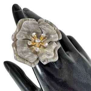 Pearl lucite oversized flower statement ring with rhinestone center size…